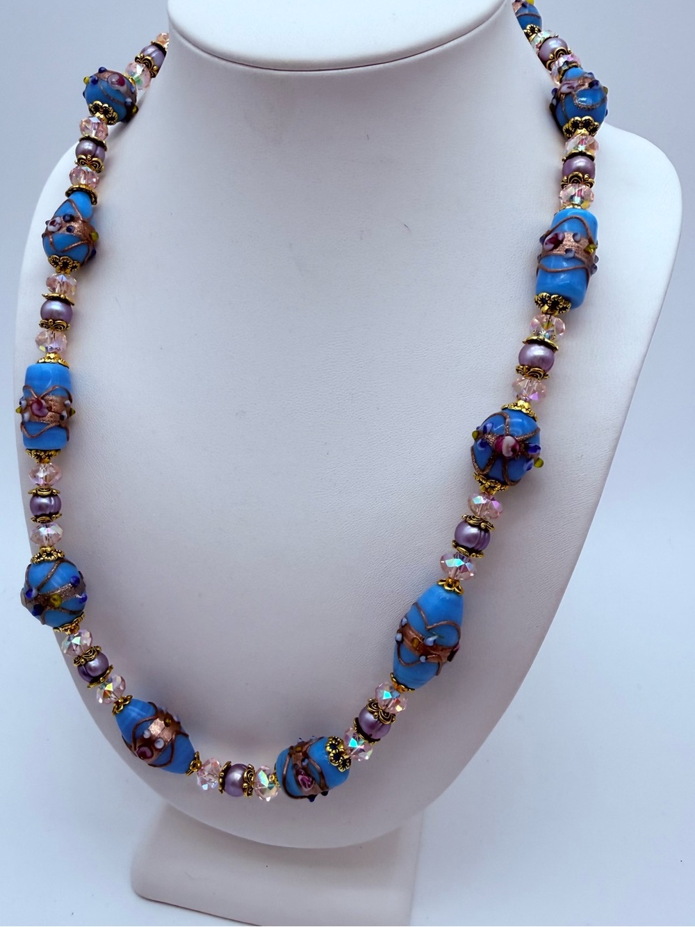 Artisan Blue Lampwork Glass & Lavendar Freshwater Pearl Necklace - Picture 5 of 7